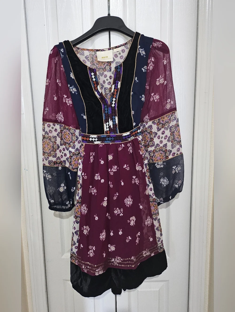 Maeve Anthropologie Dress Women Boho Floral Velvet Trim Tie XS Sheer Sleeve. - Picture 3 of 16